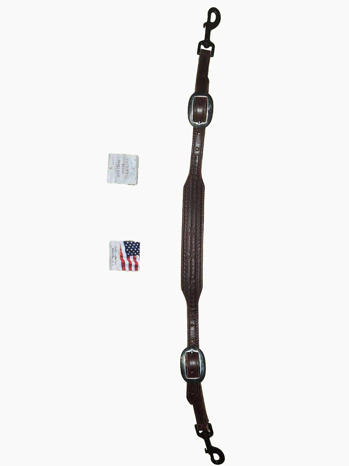 MI279-2_Chocolate Leather Wither Strap Barb Wire Stamp Leather With Stainless Steel Cart Buckle