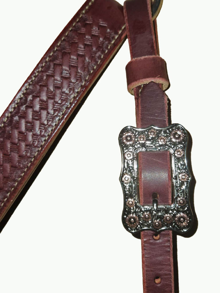 BC224-2_Breast Collar Frontier Buckle With Floral Copper Accents on Basket Stamp Chestnut Leather