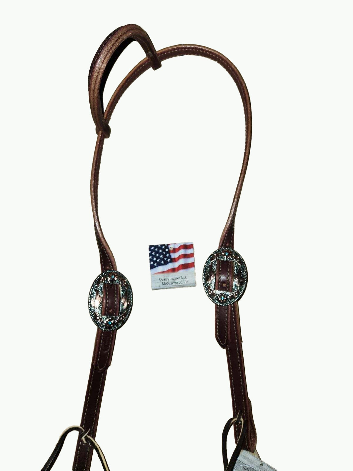 DB063-1_Double Buckle One Ear Headstalls Chestnut Leather Desert Blossom Nickle Plated Buckle with Copper and Blue Accents