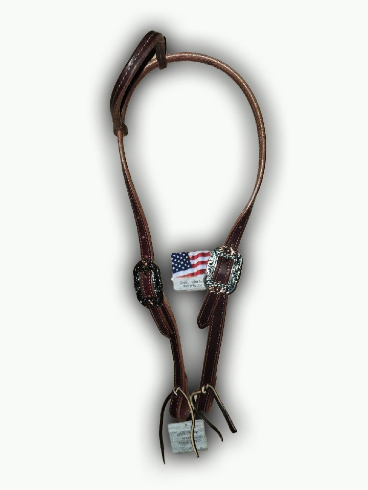 DB050-1_Double Buckle One Ear Headstalls Chestnut Leather Oval Floral Buckle with Copper Accents