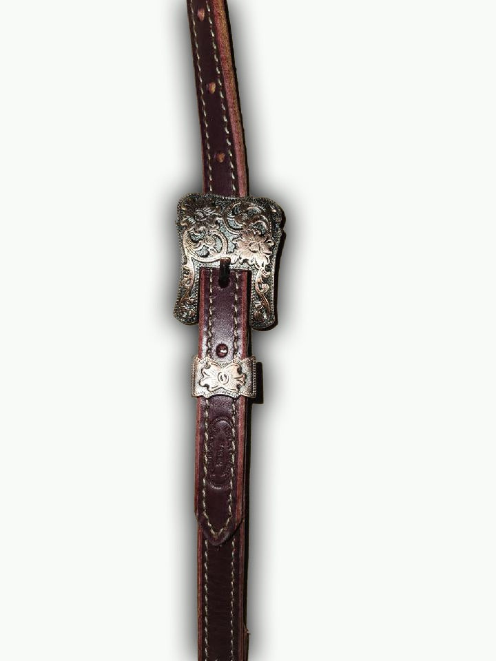 DB052-1_Double Buckle One Ear Headstalls Chestnut Leather Cheyenne Copper Plated Square Buckle with Keeper