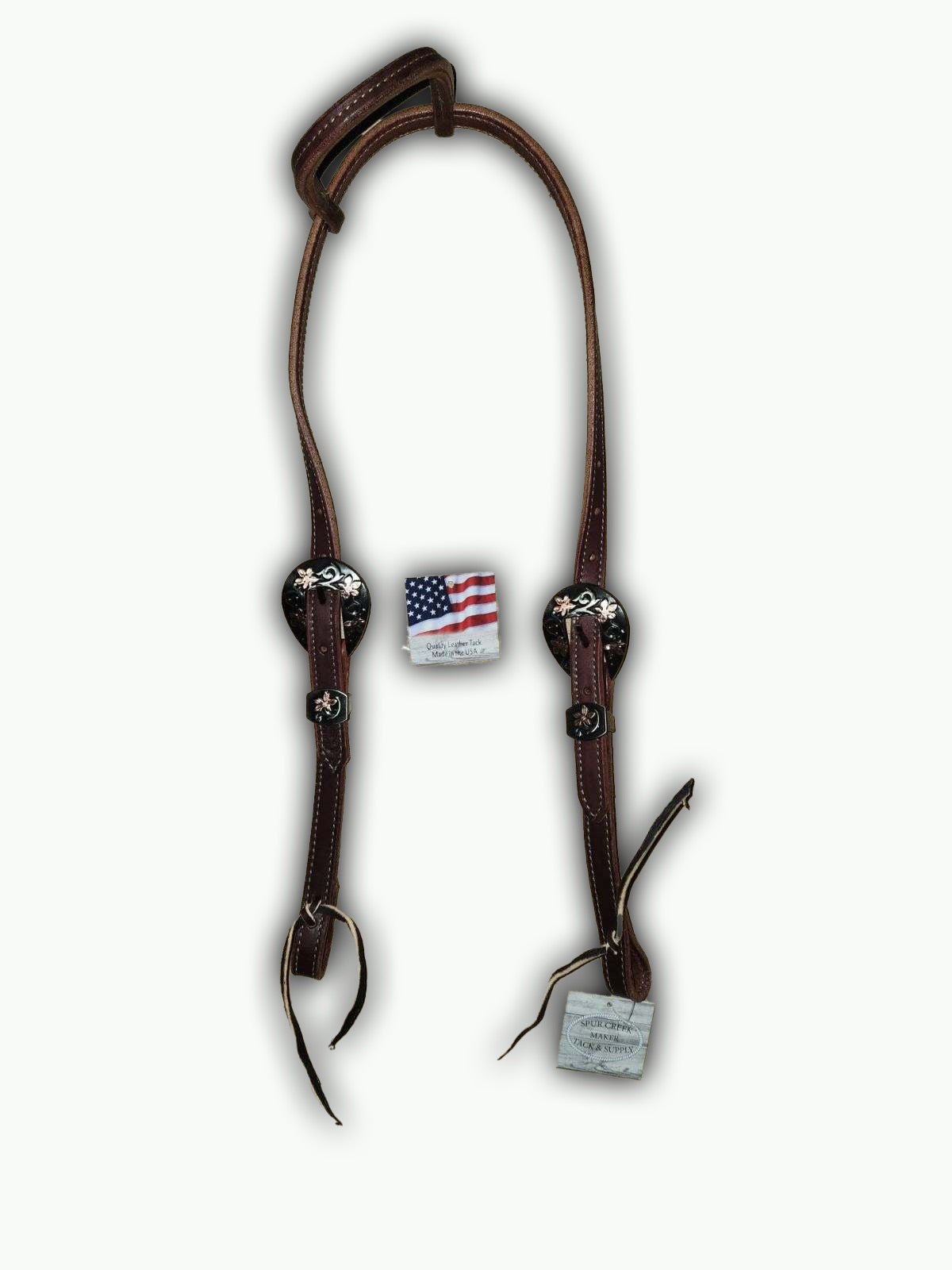 DB051-1_Double Buckle One Ear Headstalls Chestnut Leather Prairie Floral Buckle with Keeper Copper Accents