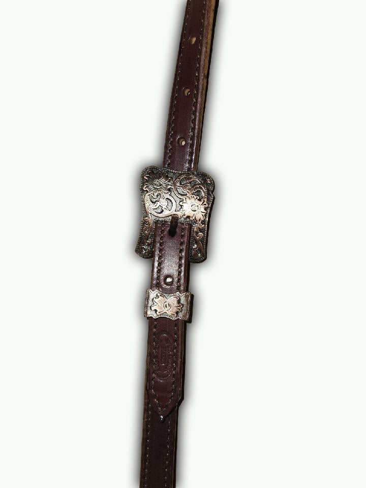 DB052-2_Double Buckle One Ear Headstalls Chocolate Leather Cheyenne Copper Plated Square Buckle with Keeper