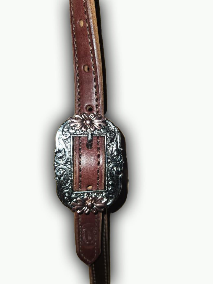 DB050-2_Double Buckle One Ear Headstalls Chocolate Leather Oval Floral Buckle with Copper Accents