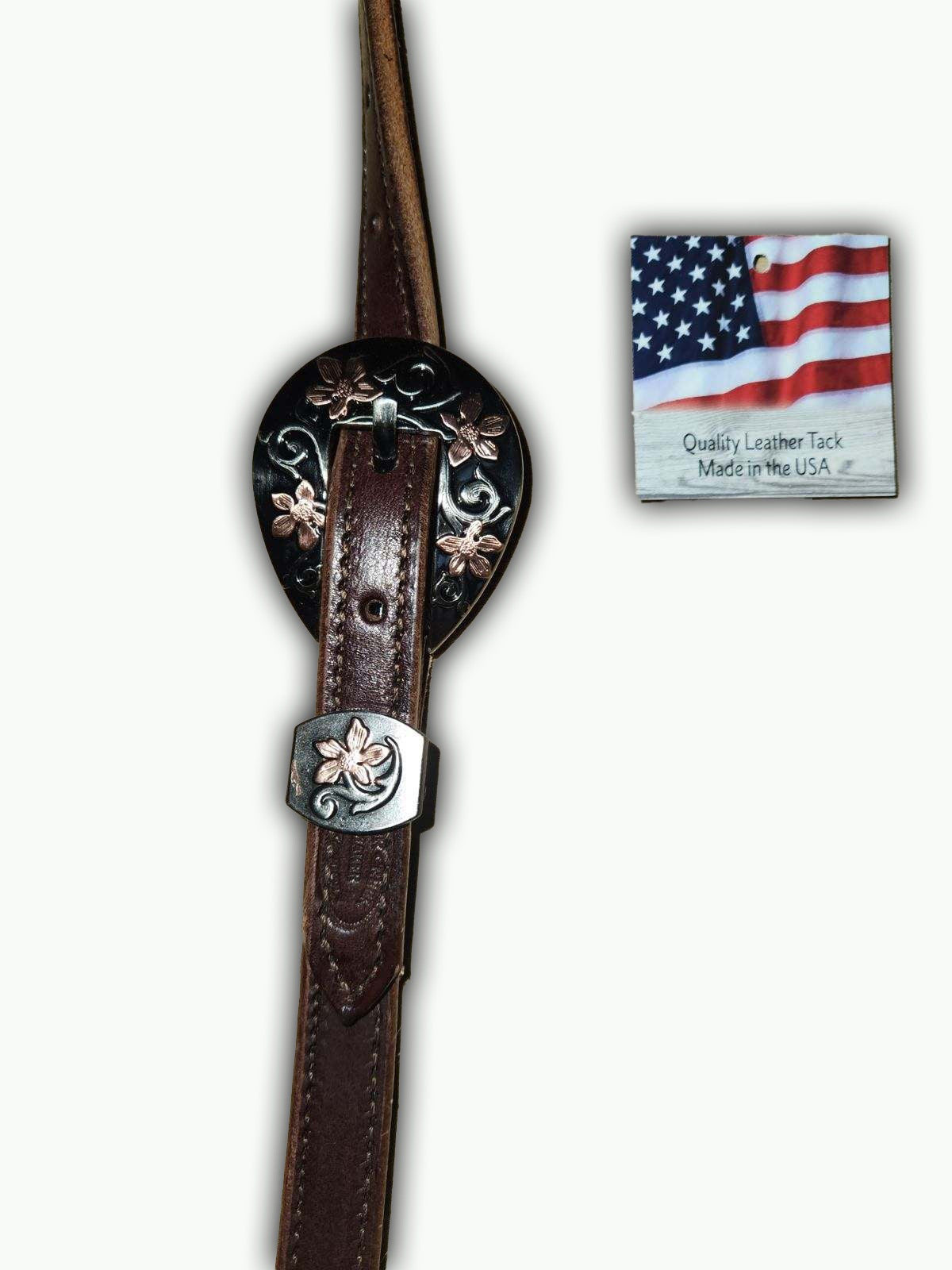 DB051-2_Double Buckle One Ear Headstalls Prairie Floral Buckle with Keeper Copper Accents