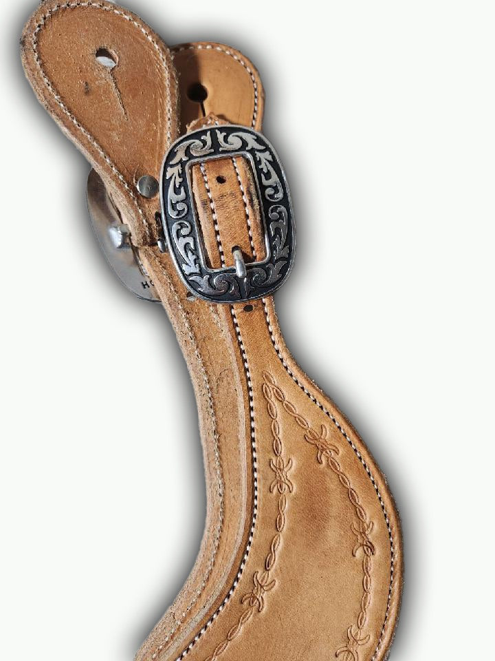 ST301-3_Natural Oil Leather Barbwire Stamp Horse Shoe Brand Buckles Mens Spur Straps