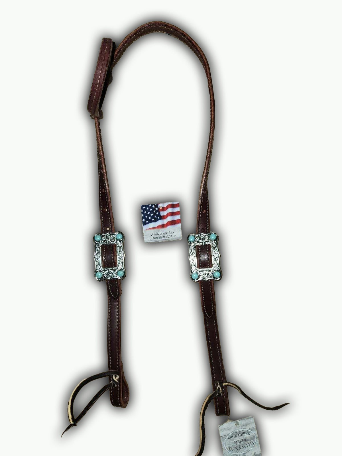 DB059-1_Double Buckle One Ear Headstalls Chestnut Leather Large Nickle Plated Buckle with Turquoise Color Accent Stones