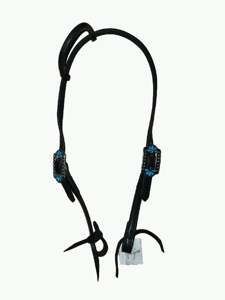 DB066_Double Buckle One Ear Headstalls Black Leather with Turquoise Burst Buckle