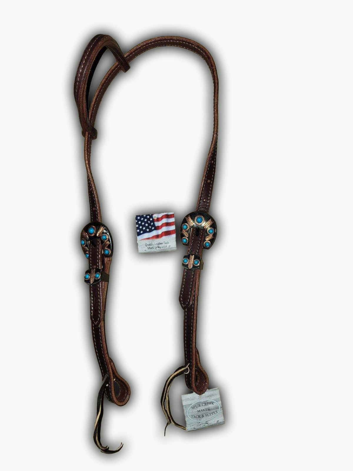 DB58-1_Double Buckle One Ear Headstalls Chestnut Leather Headdress Pewter Color Buckle with Keeper with Copper Accents and Turquoise Color Stones