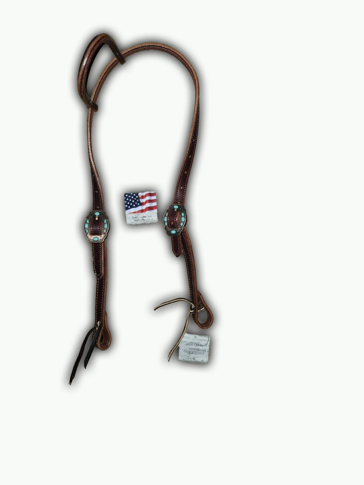 DB055-1_Double Buckle One Ear Headstalls Chestnut Leather Navajo Rope Edge Copper Plated Buckle with Turquoise Color Accent Stones