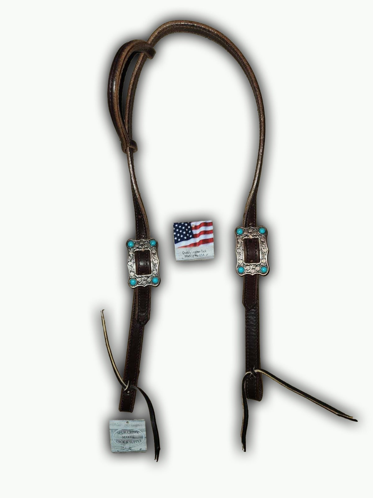 DB060-2_Double Buckle One Ear Headstalls Chocolate Leather Large Copper Plated Buckle with Turquoise Color Accent Stones