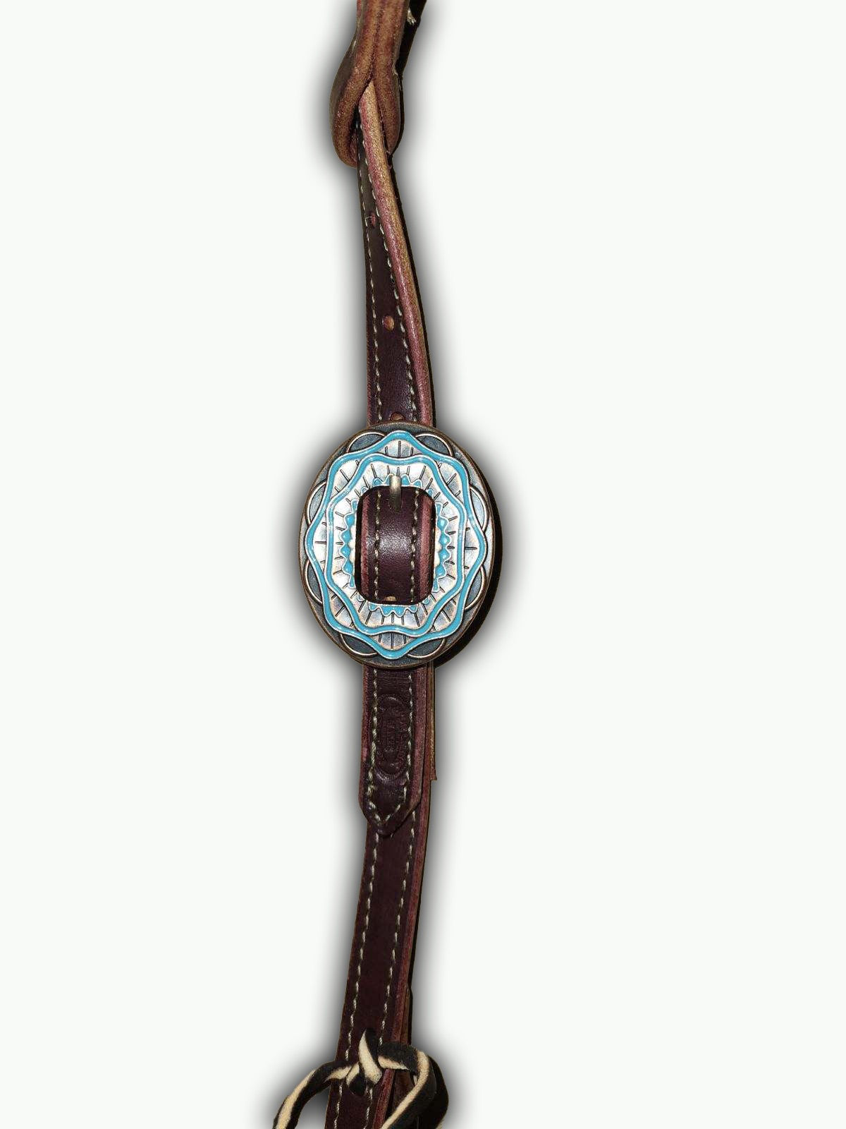 DB062-1_Double Buckle One Ear Headstalls Chestnut Leather Aztec Oval Copper Plated Buckle with Turquoise Color Inlay