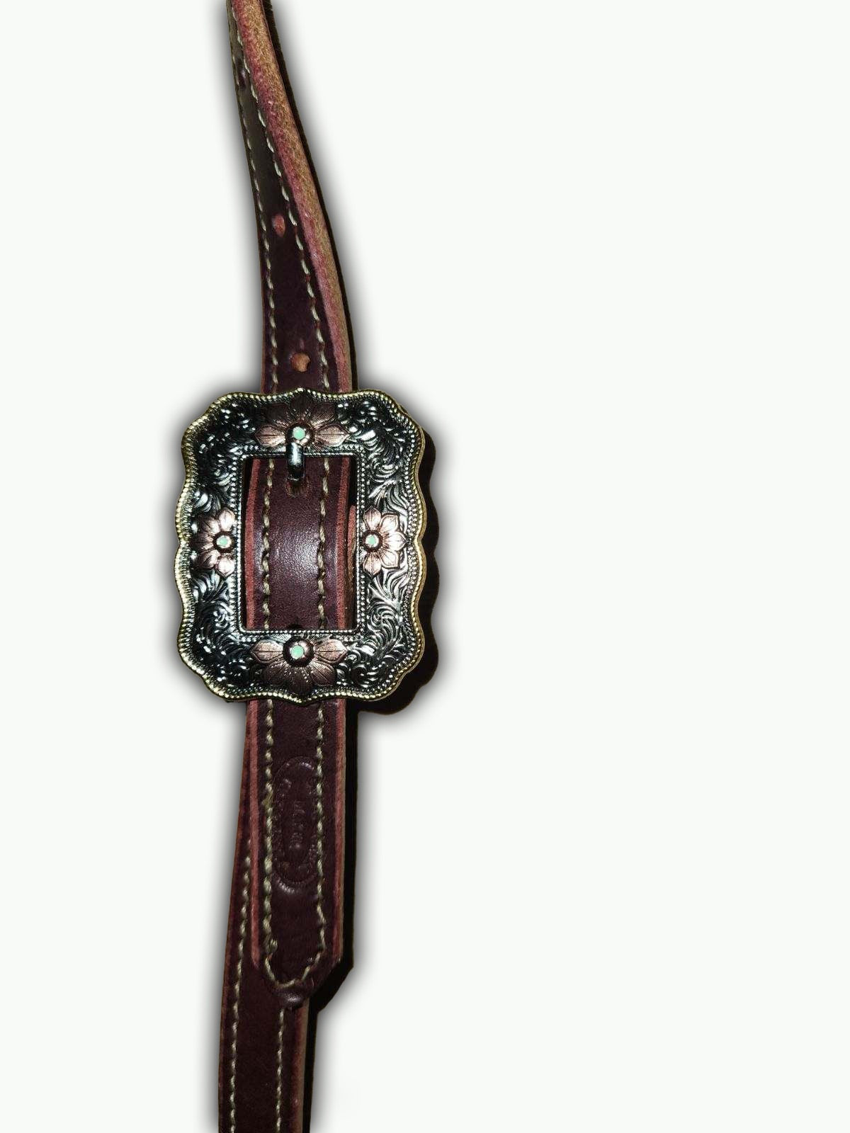 DB061-1_Double Buckle One Ear Headstalls Chestnut Leather Western Rose Buckle with Gold Rope Edge and Copper Color Accents