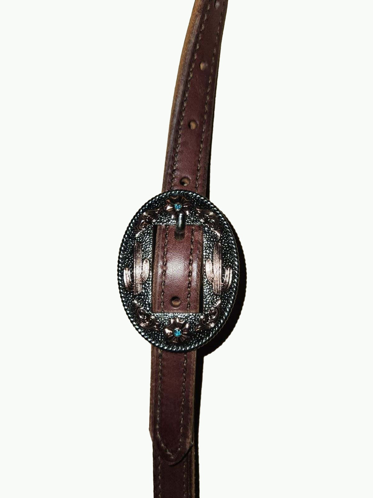 DB063-2_Double Buckle One Ear Headstalls Chocolate Leather Desert Blossom Nickle Plated Buckle with Copper and Blue Accents