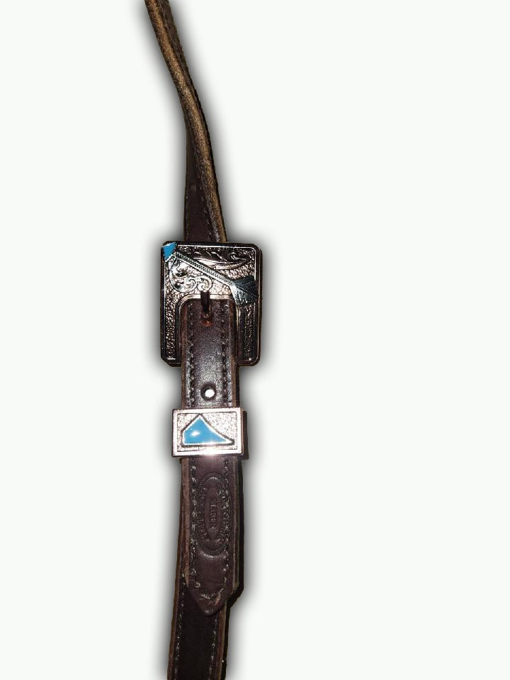 DB057-2_Double Buckle One Ear Headstalls Chocolate Leather Cherokee Copper Plated Arrow Buckle with Keeper with Turquoise Color Accents