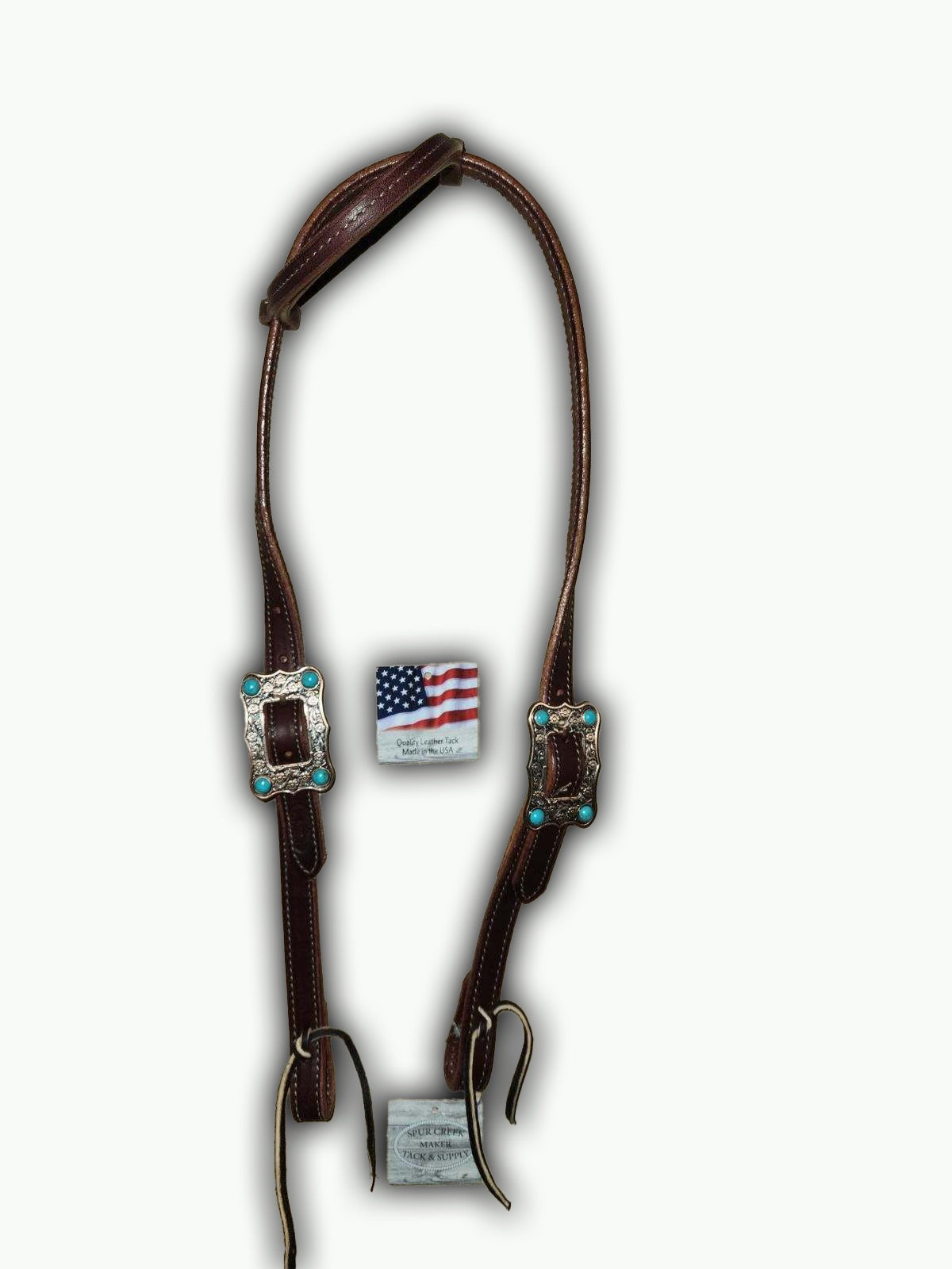 DB060-1_Double Buckle One Ear Headstalls Chestnut Leather Large Copper Plated Buckle with Turquoise Accent Stones