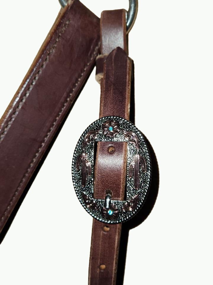 BC233-3_Breast Collar Desert Blossom Buckle Nickle Plated Oval Buckle With Copper and Blue Accents on Plain Chocolate Leather