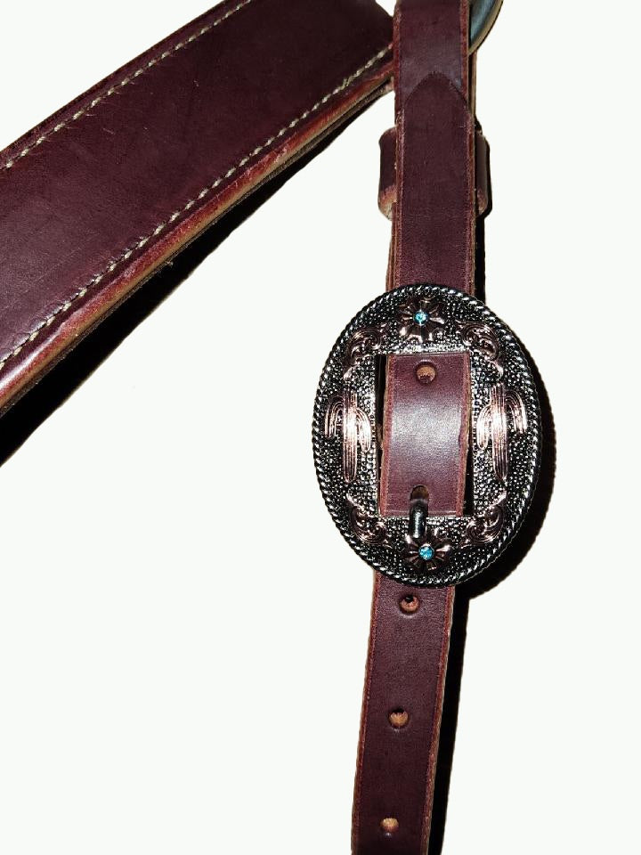 BC233-1_Breast Collar Desert Blossom Nickle Plated Oval Buckle With Copper and Blue Accents on Plain Chestnut Leather