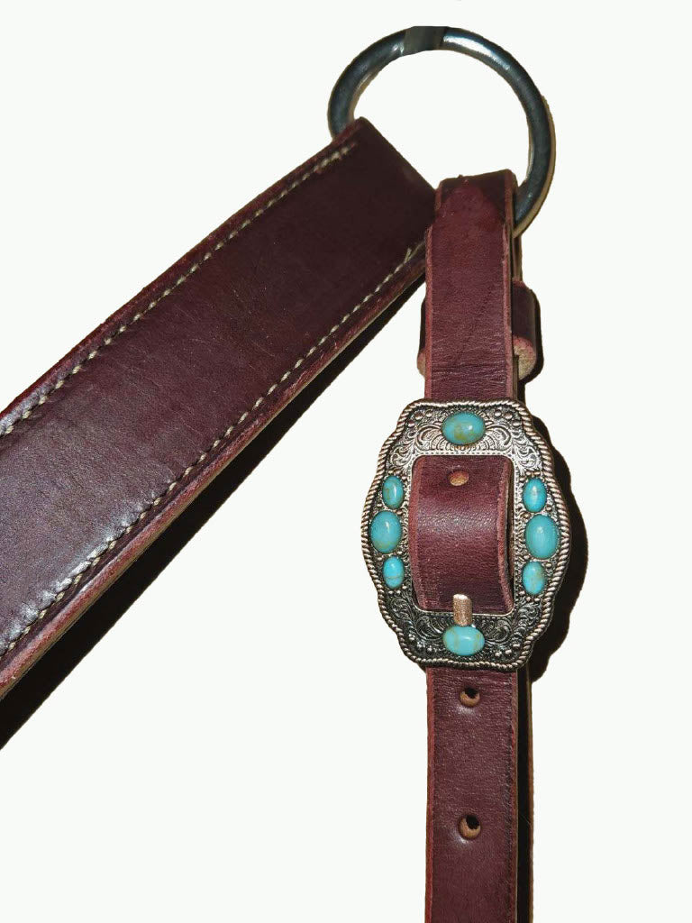 BC225-1_Breast Collar Navajo Rope Edge Copper Plated Buckle With Turquoise Color Accent Stones on Plain Chestnut Leather