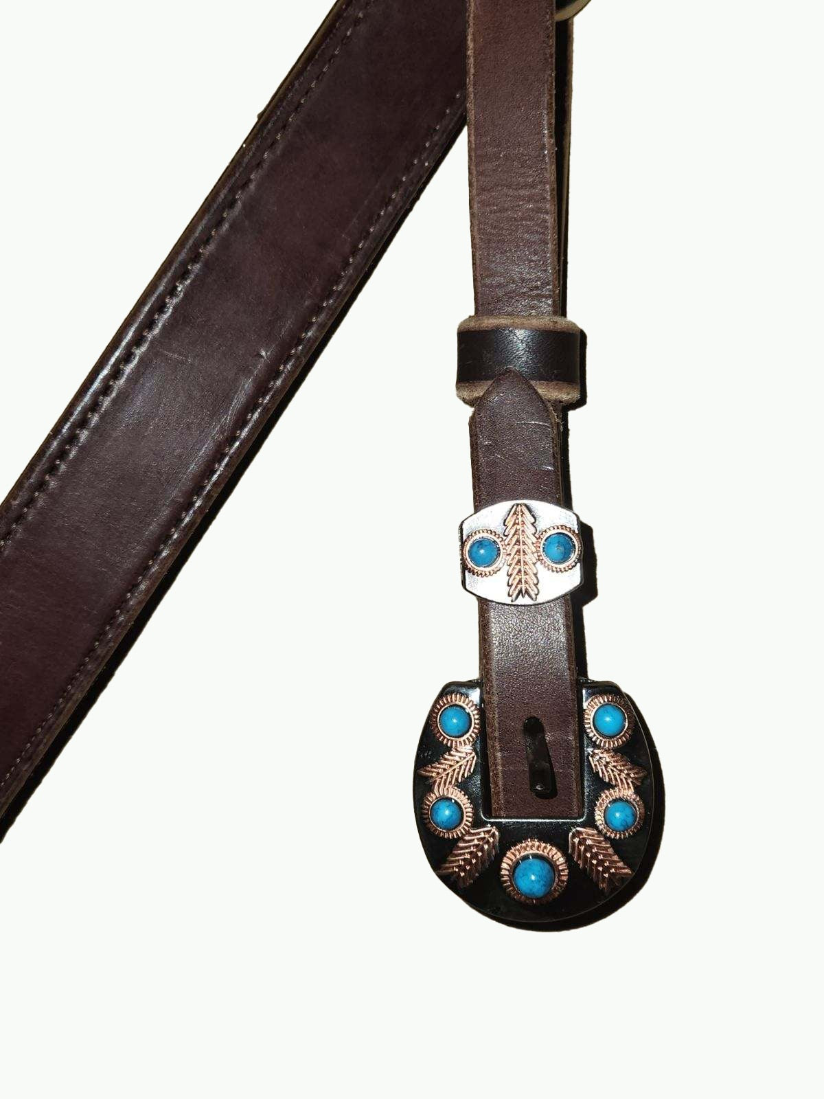 BC228-3_Breast Collar Headdress Pewter Color Buckle With Keeper With Copper Accents and Turquoise Color Stones on Plain Chocolate Leather