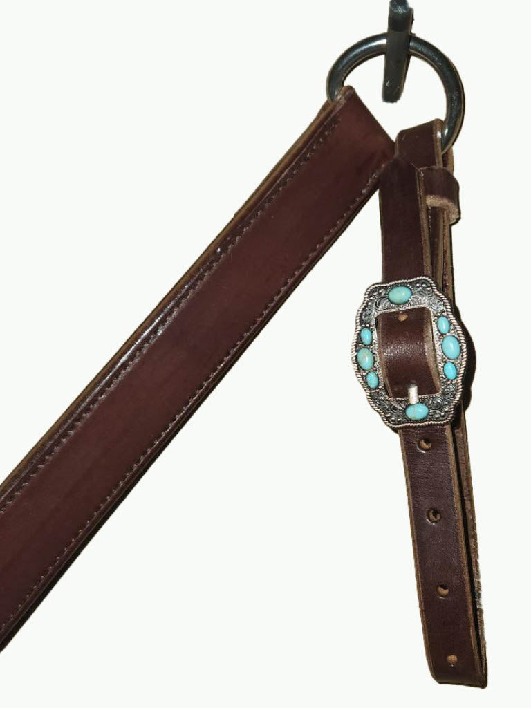 BC225-3_Breast Collar Navajo Rope Edge Copper Plated Buckle With Turquoise Color Accent Stones on Plain Chocolate Leather