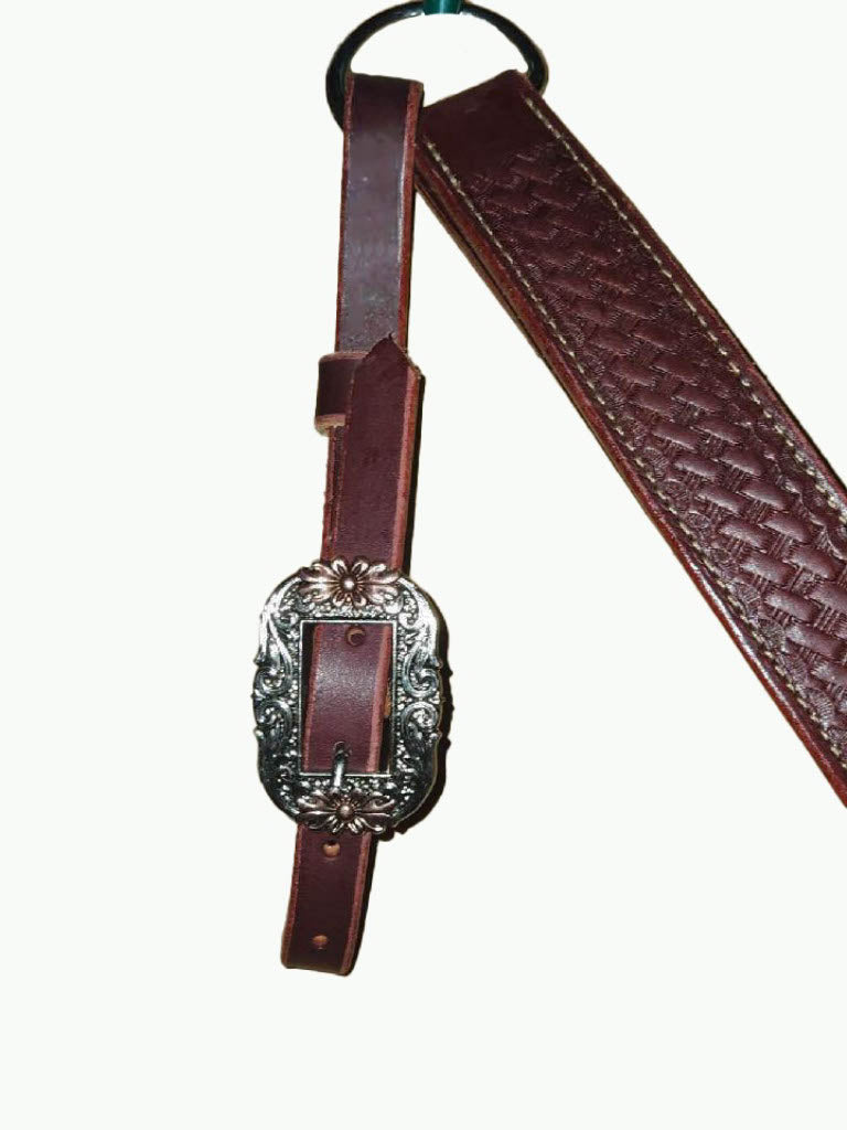 BC220-2_Breast Collar Oval Floral Buckle With Copper Accents on Basket Stamp Chestnut Leather