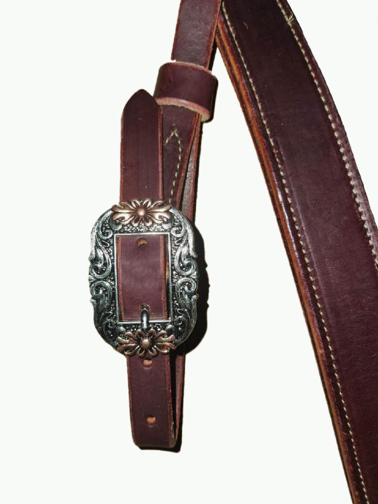 BC220-1_Breast Collar Oval Floral Buckle With Copper Accents on Plain Chestnut Color Leather