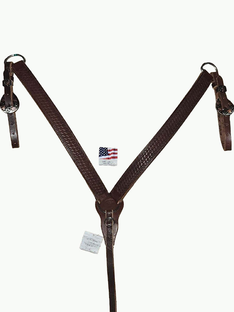 BC221-4_Breast Collar Prairie Floral Buckle With Keeper With Copper Accents on Basket Stamp Chocolate Leather