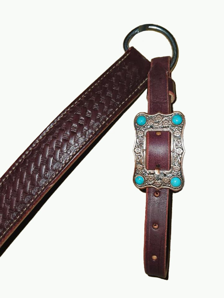 BC230-2_Breast Collar Large Copper Plated Buckle With Turquoise Color Accent Stones on Basket Stamp Chestnut Leather