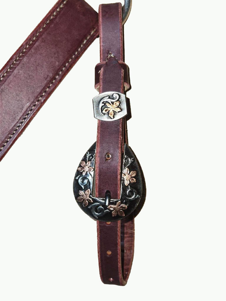 BC221-1_Breast Collar Prairie Floral Buckle With Keeper With Copper Accents on Plain Chestnut Leather