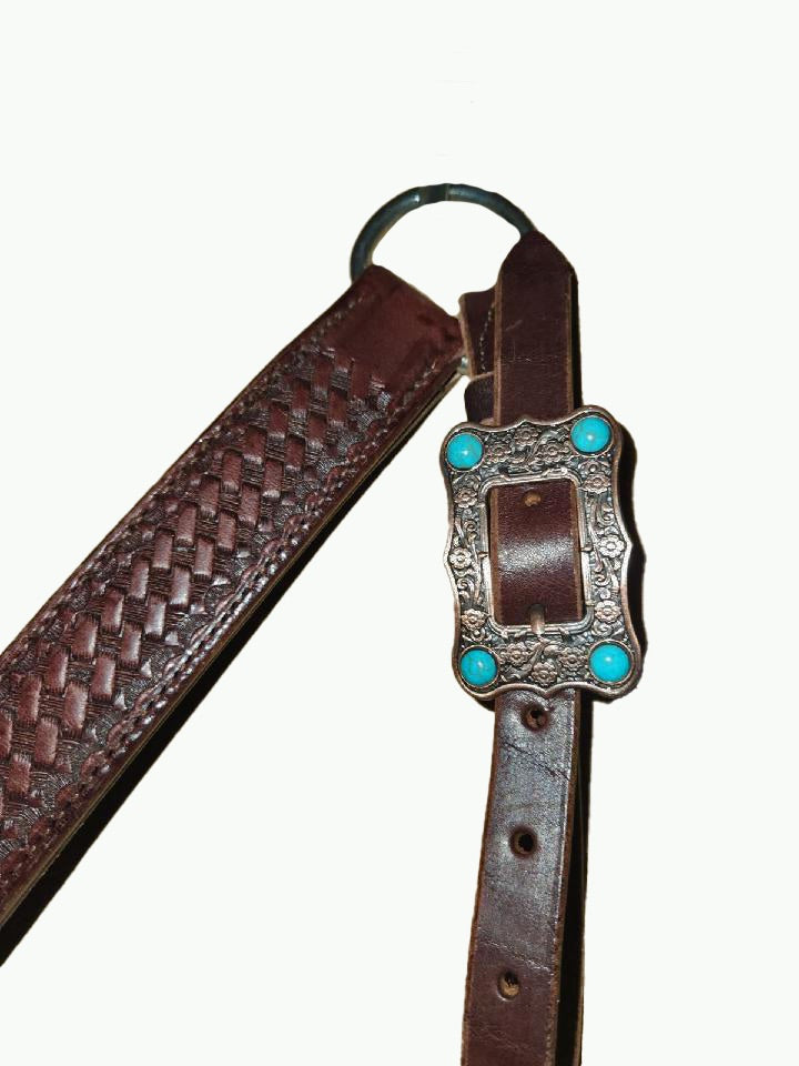 BC230-4_Breast Collar Large Copper Plated Buckle With Turquoise Color Accent Stones on Basket Stamp Chocolate Leather