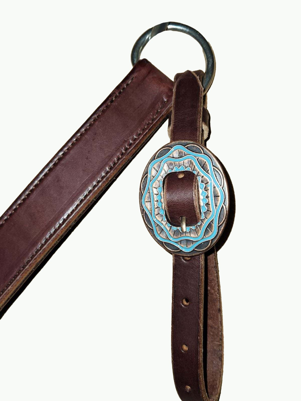 BC232-2_Breast Collar Aztec Buckle Copper Plated Oval Buckle With Turquoise Color Inlay on Plain Chocolate Leather