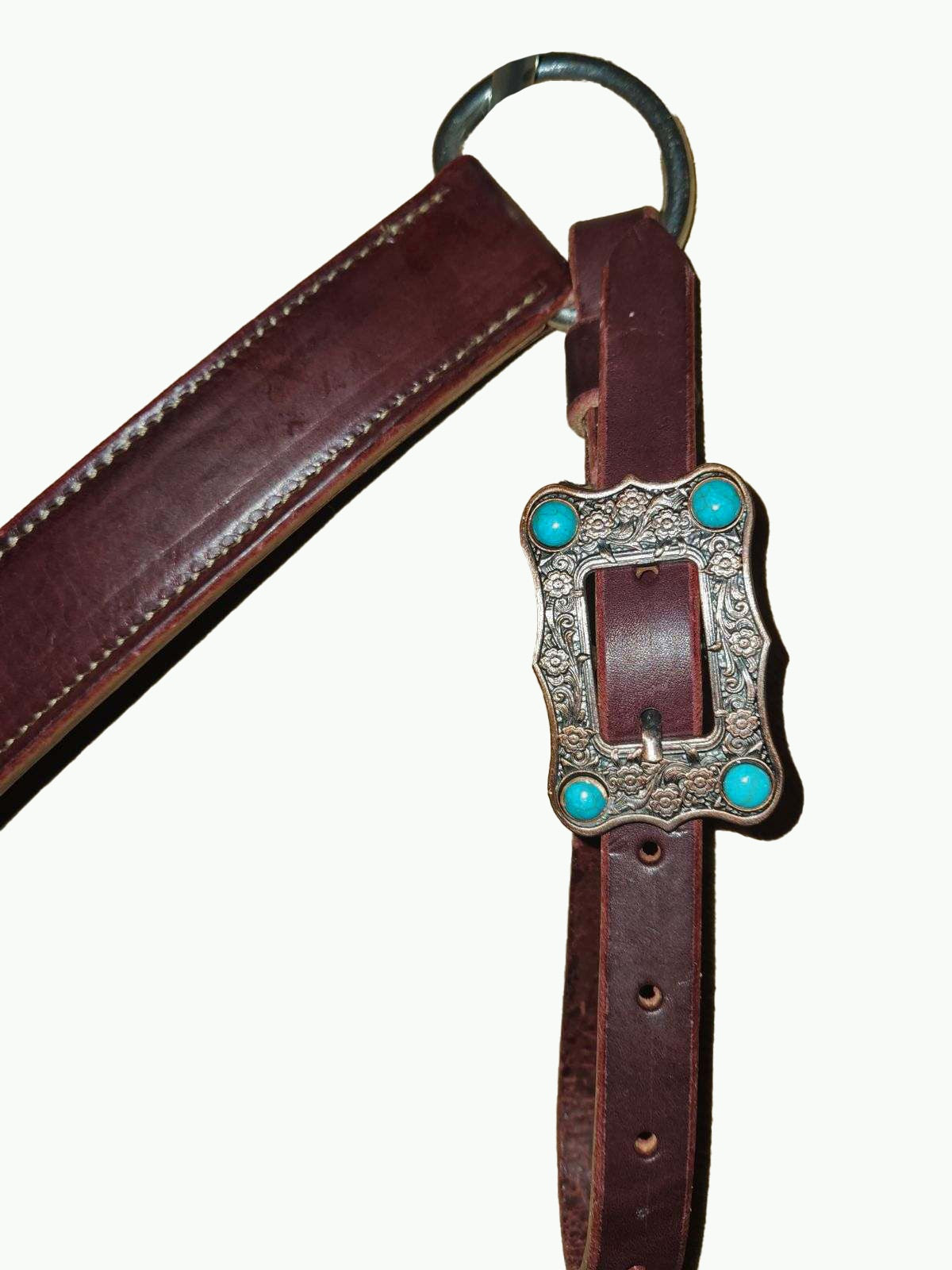 BC230-1_Breast Collar Large Copper Plated Buckle With Turquoise Color Stone Accents on Plain Chestnut Leather