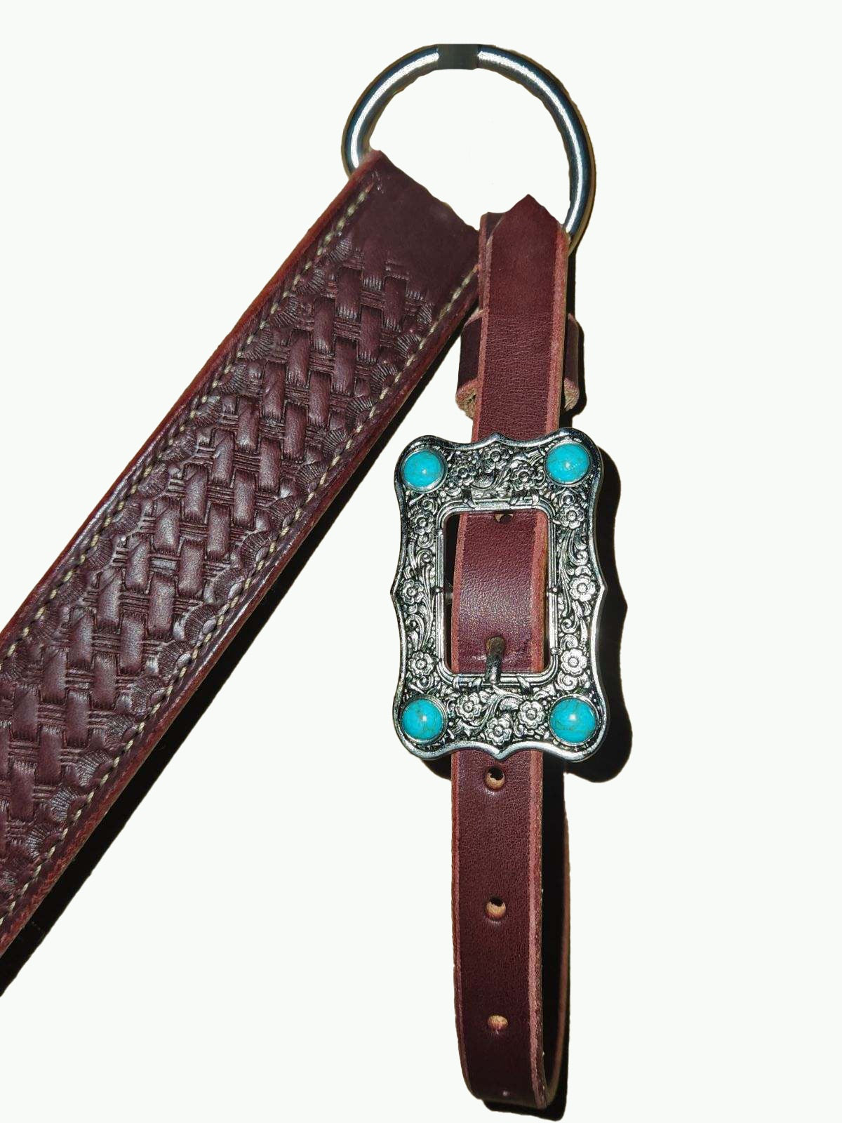 BC229-2_Breast Collar Large Nickle Plated Buckle With Turquoise Color Accent Stones on Basket Stamp Chestnut Leather