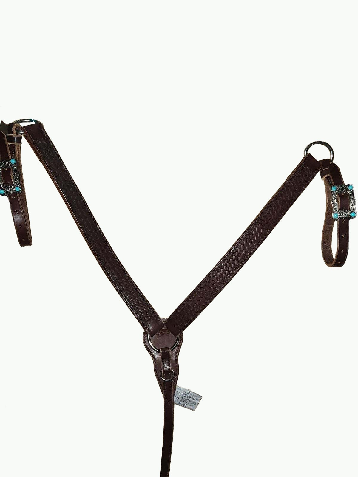 BC229-4_Breast Collar Large Nickle Plated Buckle With Turquoise Color Accent Stones on Basket Stamp Chocolate Leather