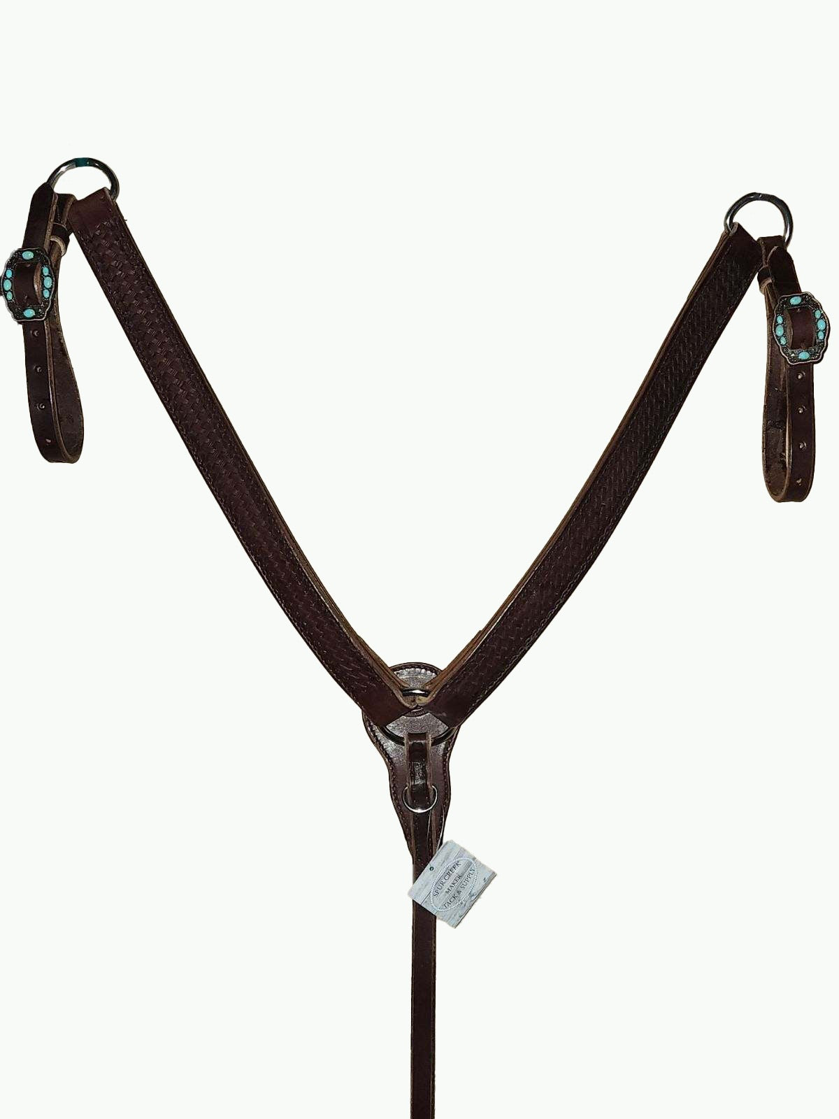 BC225-4_Breast Collar Navajo Rope Edge Copper Plated Buckle With Turquoise Color Accent Stones on Basket Stamp Chocolate Leather