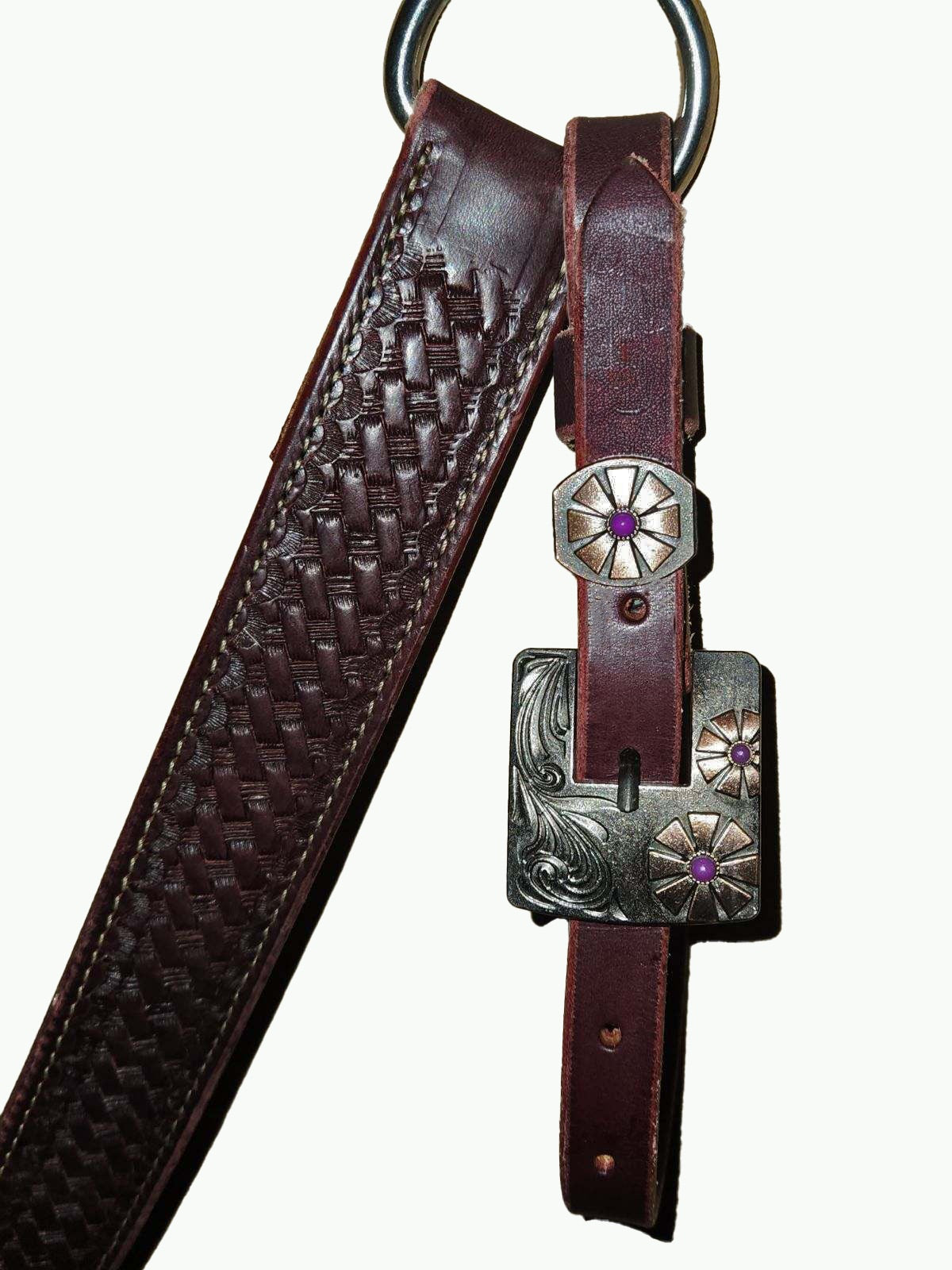 BC226-2_Breast Collar Purple Daisy Square Buckle With Keeper With Purple Accent Stones on Basket Stamp Chestnut Leather