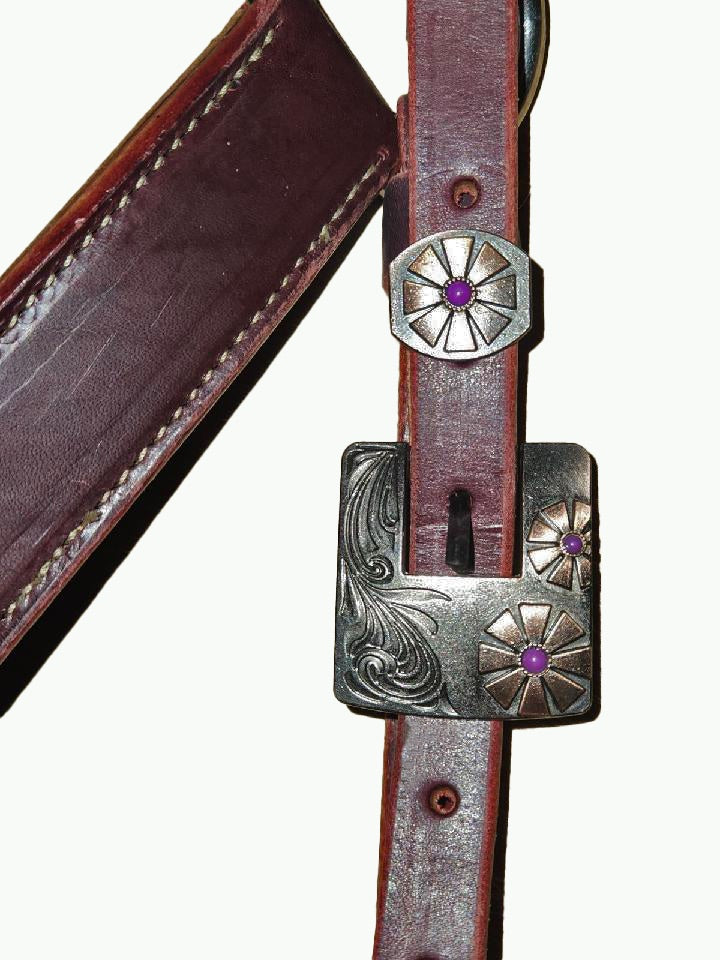 BC226-1_Breast Collar Purple Daisy Square Buckle With Keeper With Purple Accent Stones on Plain Chestnut Leather