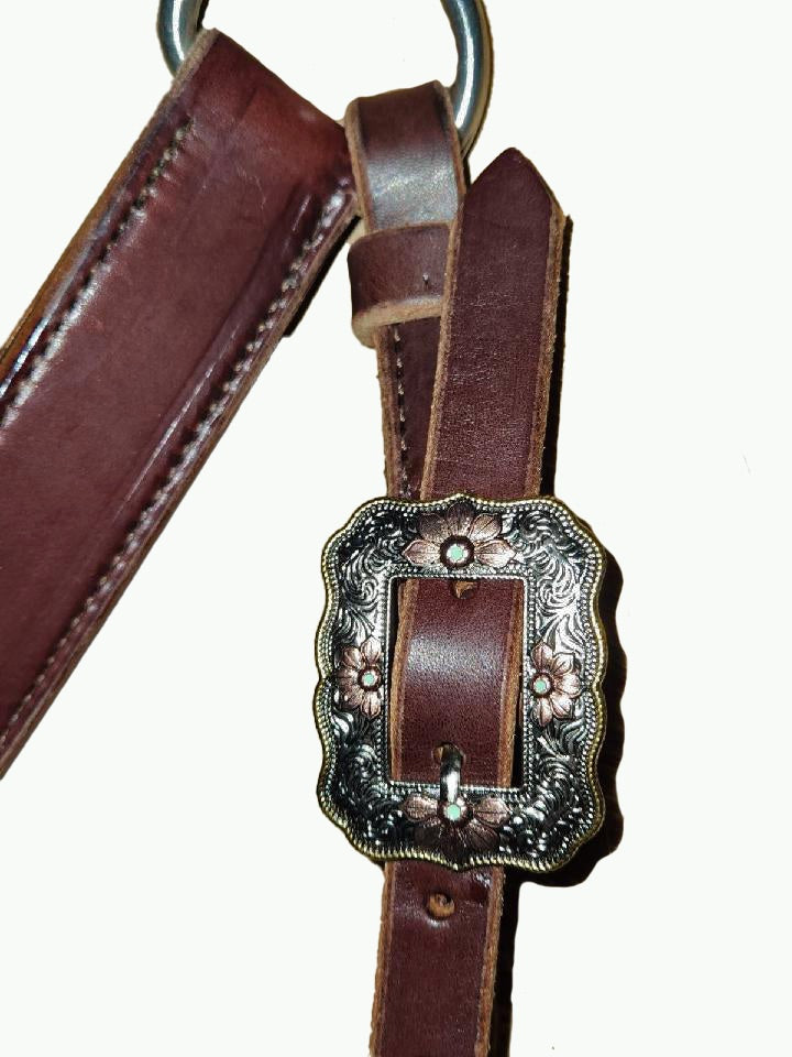 BC231-3_Breast Collar Western Rose Buckle With Gold Rope Edge and Copper Accents on Plain Chocolate Leather