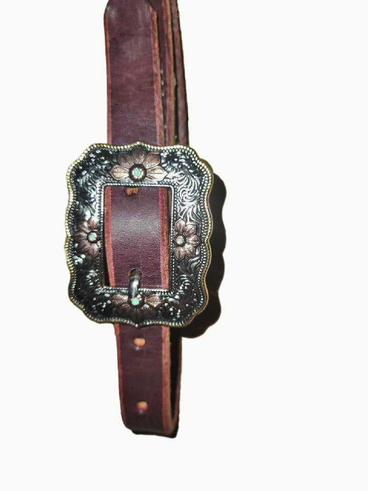 BC231-1_Breast Collar Western Rose Buckle With Gold Rope Edge and Copper Color Accents on Plain Chestnut Leather