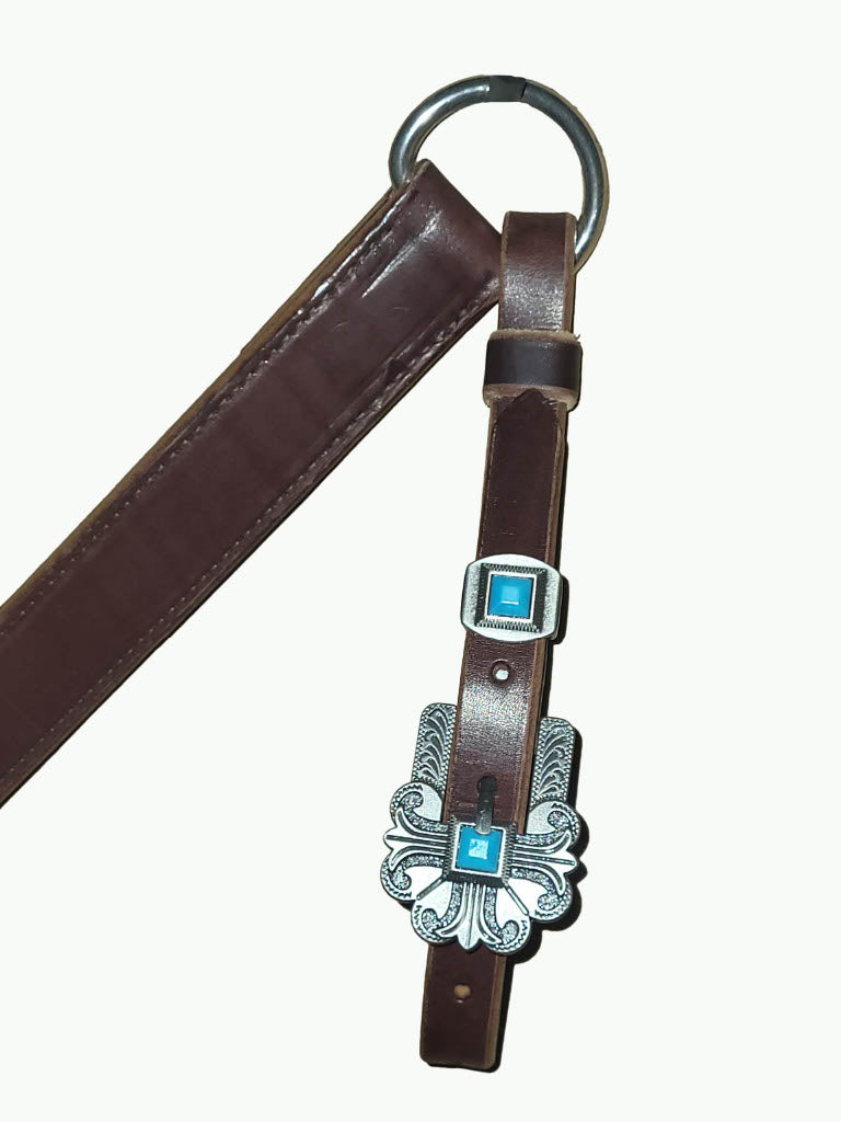 BC223-3_Breast Collar Durango Pewter Buckle With Keeper With Turquoise Accent Stones on Plain Chocolate Leather