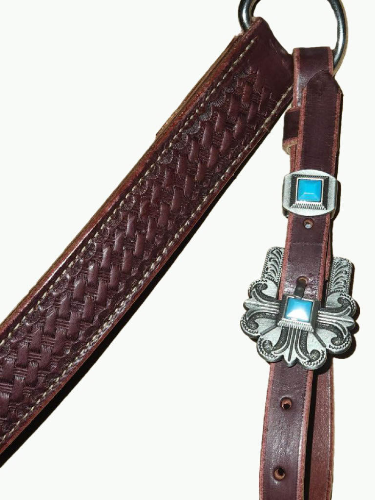 BC223-2_Breast Collar Durango Pewter Color Buckle With Keeper With Turquoise Accent Stones on Basket Stamp Chestnut Leather