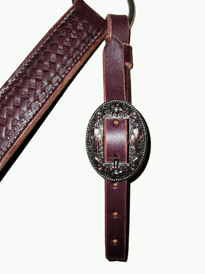 BC233-2_Breast Collar Desert Blossom Buckle Nickle Plated Oval Buckle With Copper and Blue Accents on Basket Stamp Chestnut Leather