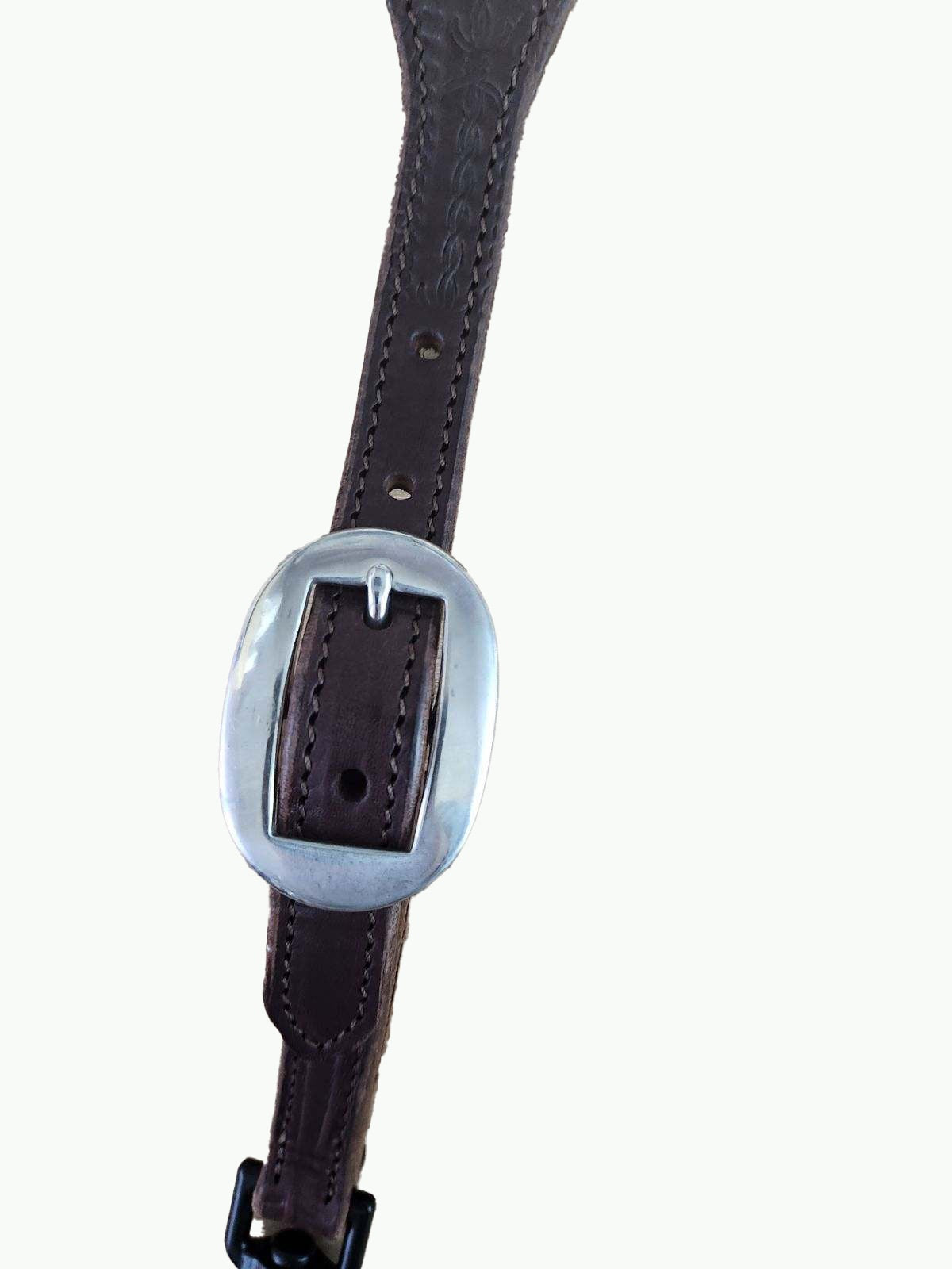 MI279-2_Chocolate Leather Wither Strap Barb Wire Stamp Leather With Stainless Steel Cart Buckle