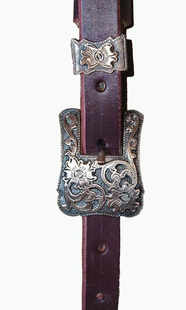 BC222-2_Breast Collar Cheyenne Copper Plated Square Buckle With Keeper on Basket Stamp Chestnut Leather