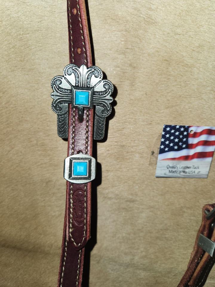 DB053-1_Double Buckle One Ear Headstalls Chestnut Leather Durango Pewter Buckle with Keeper with Turquoise Accent Stones