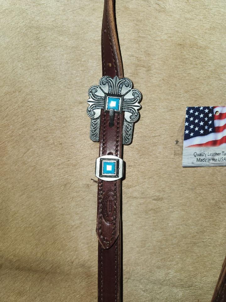 DB053-2_Double Buckle One Ear Headstalls Chocolate Leather Durango Pewter Buckle with Keeper with Turquoise Accent Stones