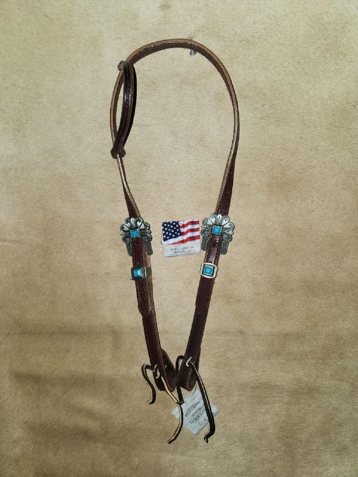 DB053-2_Double Buckle One Ear Headstalls Chocolate Leather Durango Pewter Buckle with Keeper with Turquoise Accent Stones